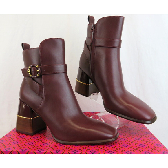 TORY BURCH MULTI LOGO BURGUNDY LEATHER GOLD REVA BUCKLE ZIP HEEL ANKLE BOOTS 9.5 - Picture 1 of 14